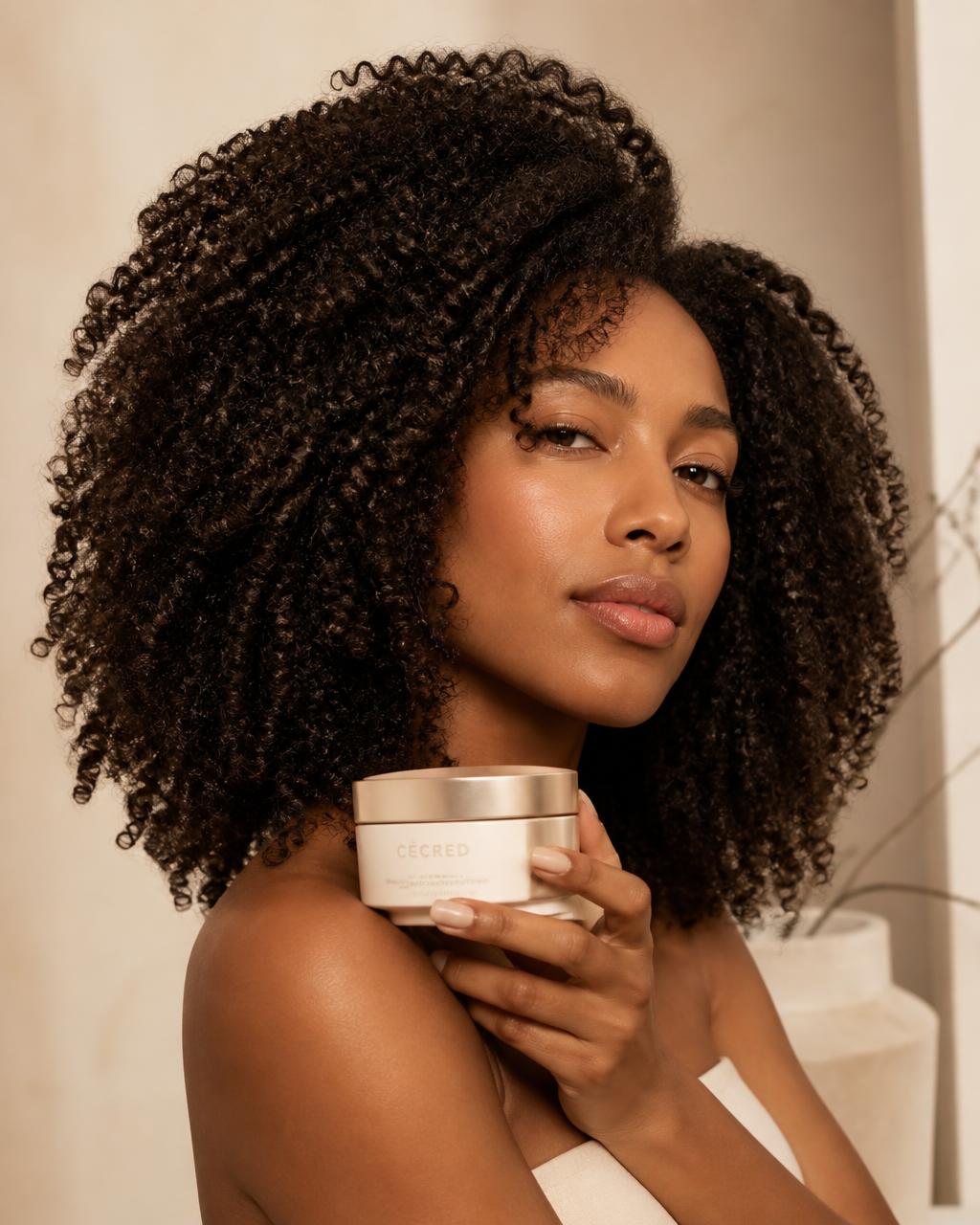 Woman with defined coily hair holding a haircare jar
